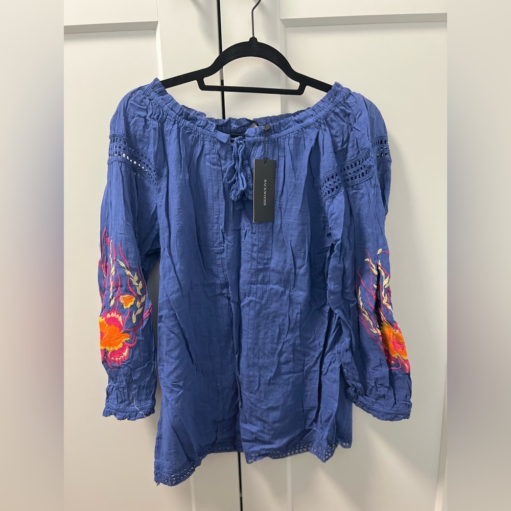 Blue off shoulder top, embroidered sleeves, embroidered top, casual top